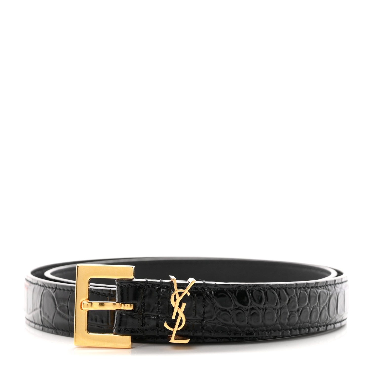 Saint Laurent Calfskin Crocodile Embossed Monogram Square Buckle Belt 80 32 Black 1 of 7