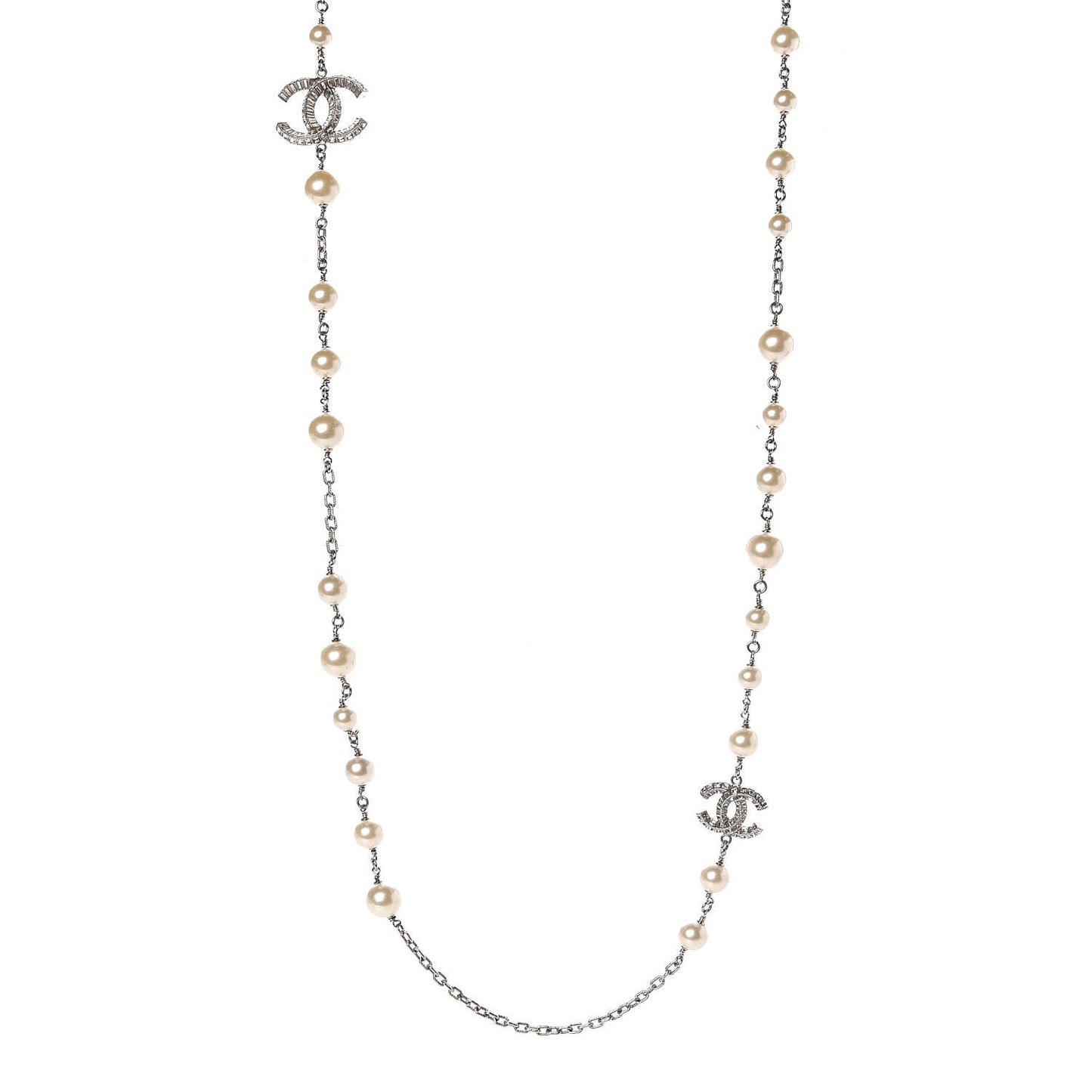 Crystal Pearl CC Long Necklace Silver