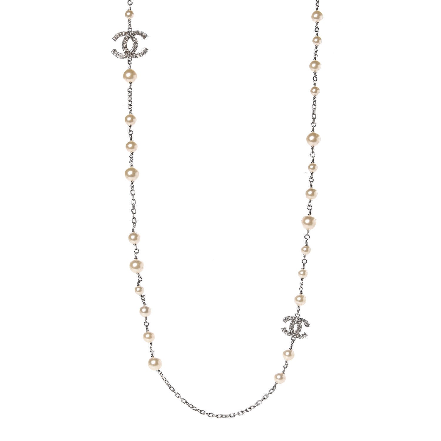 Chanel Crystal Pearl CC Long Necklace Silver 1 of 7