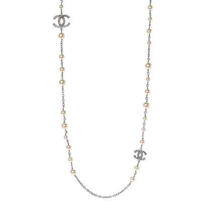 Chanel Crystal Pearl CC Long Necklace Silver 1 of 7