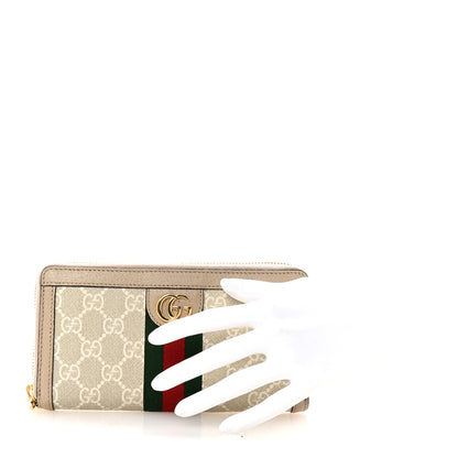 Gucci GG Supreme Monogram Textured Dollar Calfskin Web Ophidia Zip Around Wallet Beige Mystic White Oatmeal 2 of 7