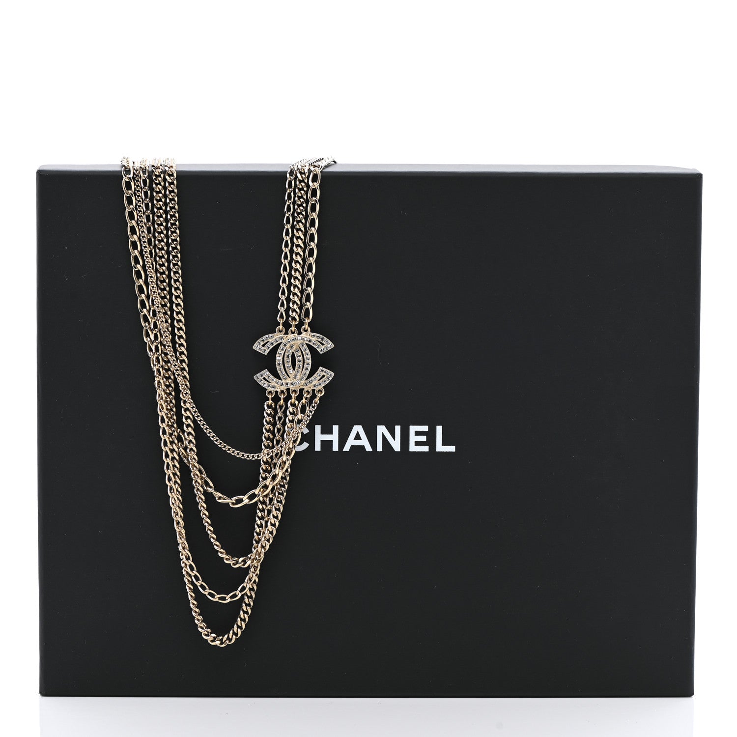 Chanel Multi Strand Chain Baguette Crystal CC Necklace Gold 7 of 7