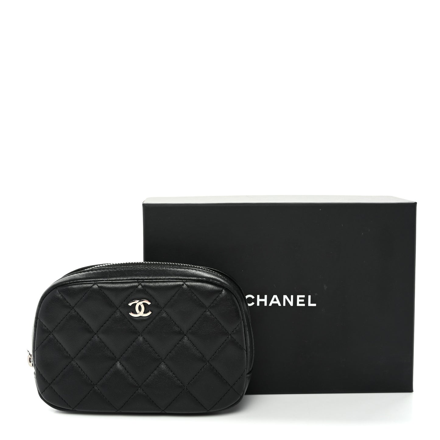 Lambskin Quilted Small Curvy Pouch Cosmetic Case Black