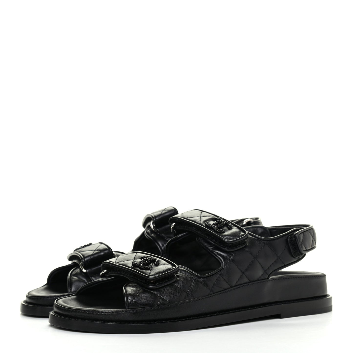 Lambskin Quilted Velcro Dad Sandals 38.5 So Black