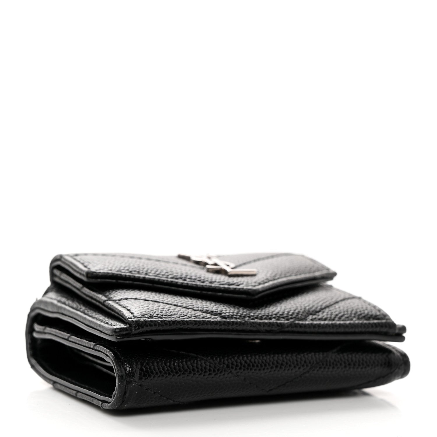 Saint Laurent Grain De Poudre Matelasse Chevron Monogram Compact Tri Fold Pocket Wallet Black 4 of 9