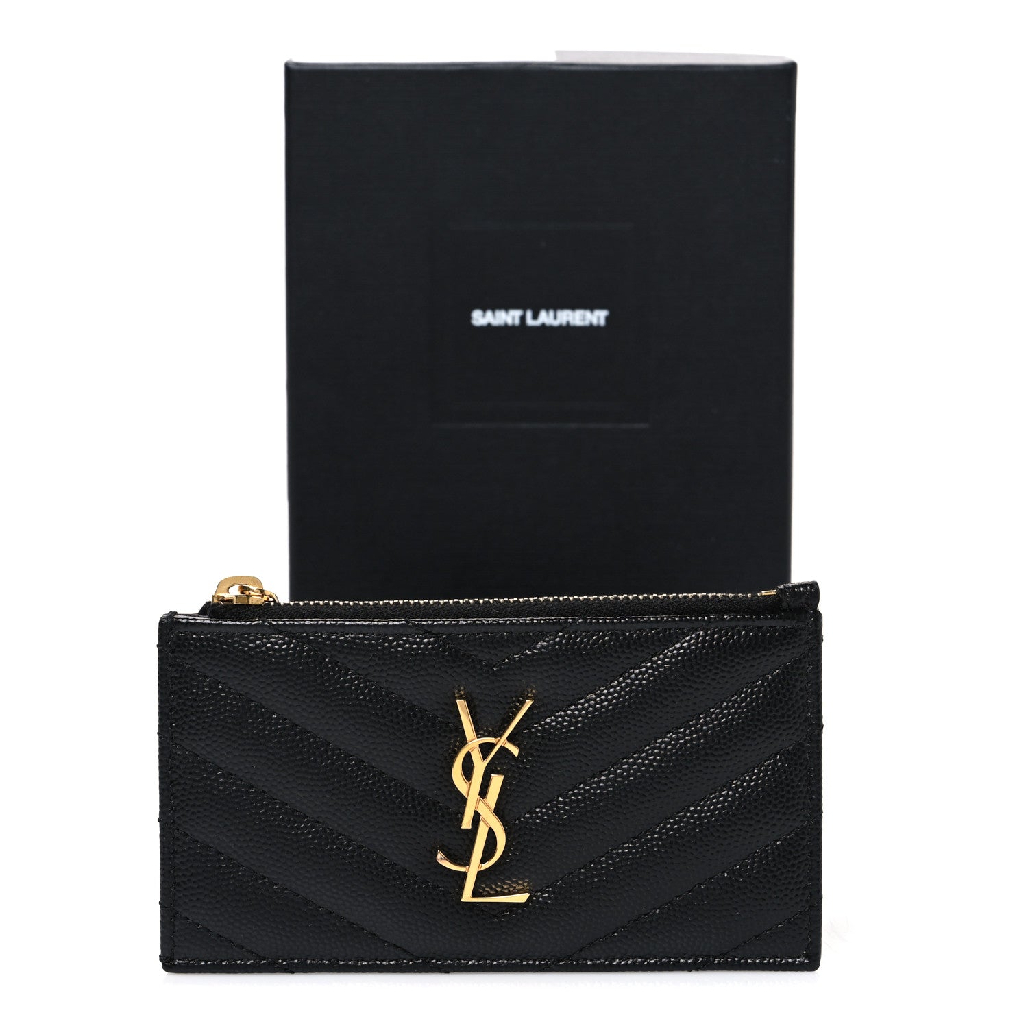 Saint Laurent Grain De Poudre Matelasse Chevron Monogram Fragments Zippered Card Case Black 8 of 8