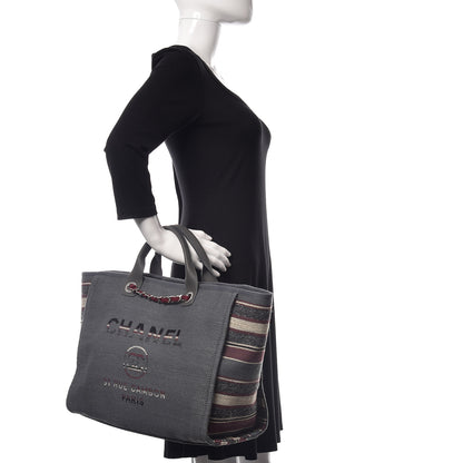 Chanel Striped Canvas Medium Deauville Tote Grey 3 of 12