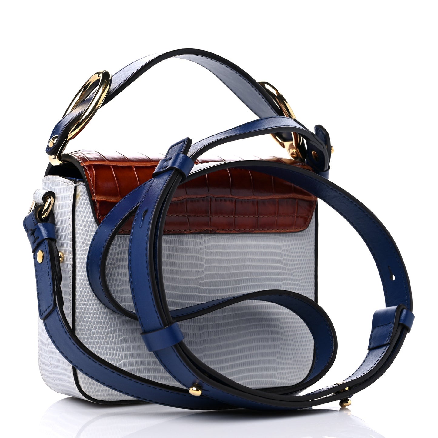 Calfskin Crocodile Lizard Embossed Mini C Double Carry Blue Brown