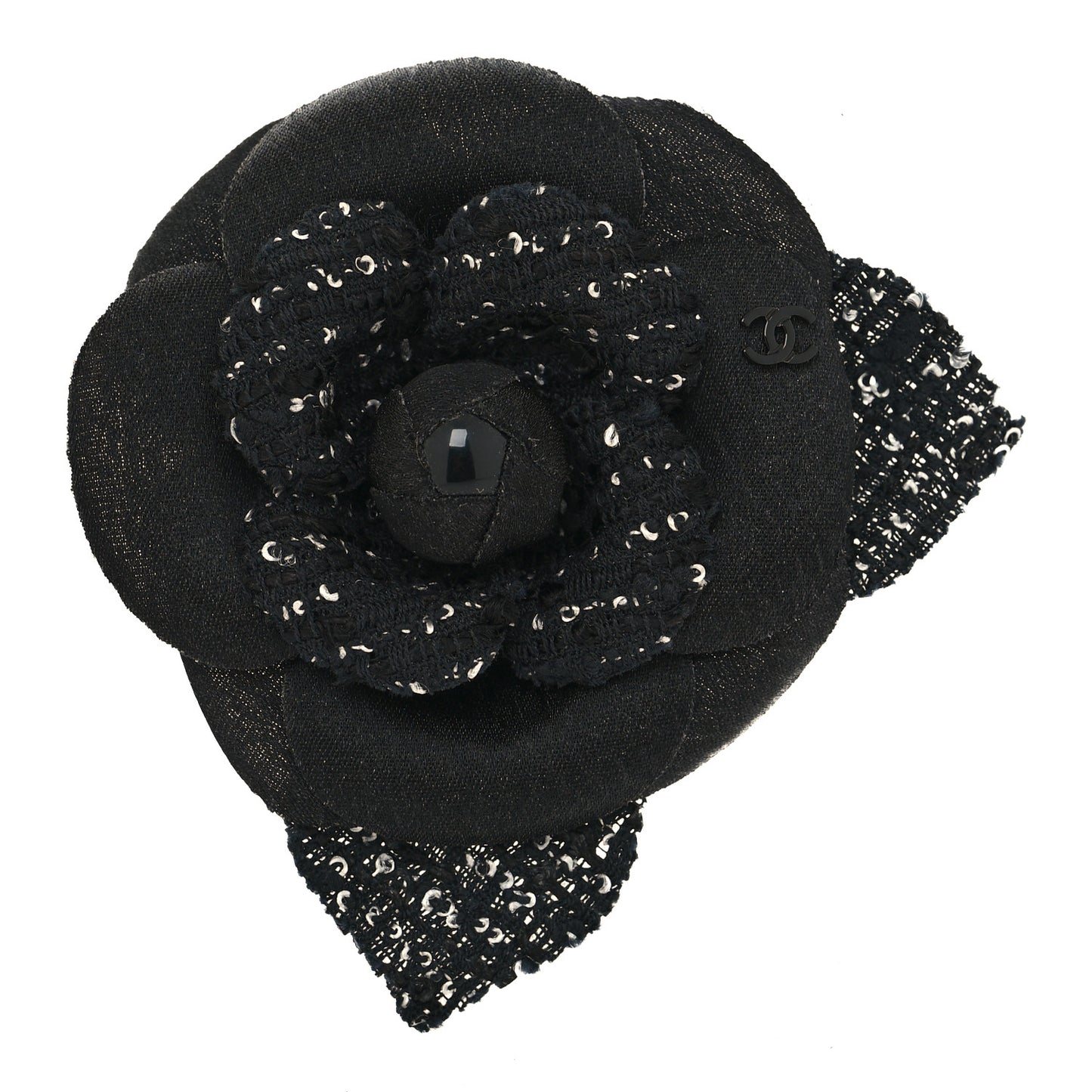 Tweed Camellia Pin Brooch Black