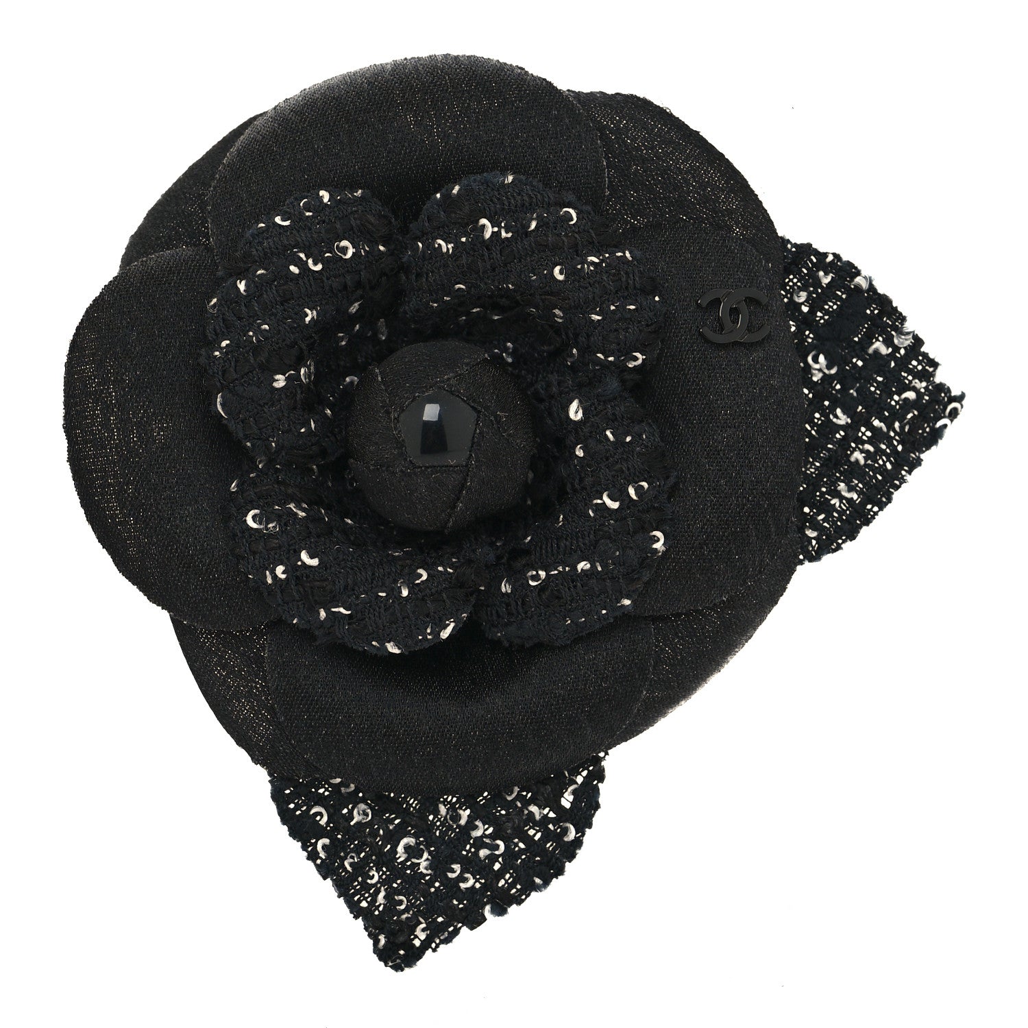 Chanel Tweed Camellia Pin Brooch Black 1 of 3
