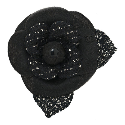 Chanel Tweed Camellia Pin Brooch Black 1 of 3