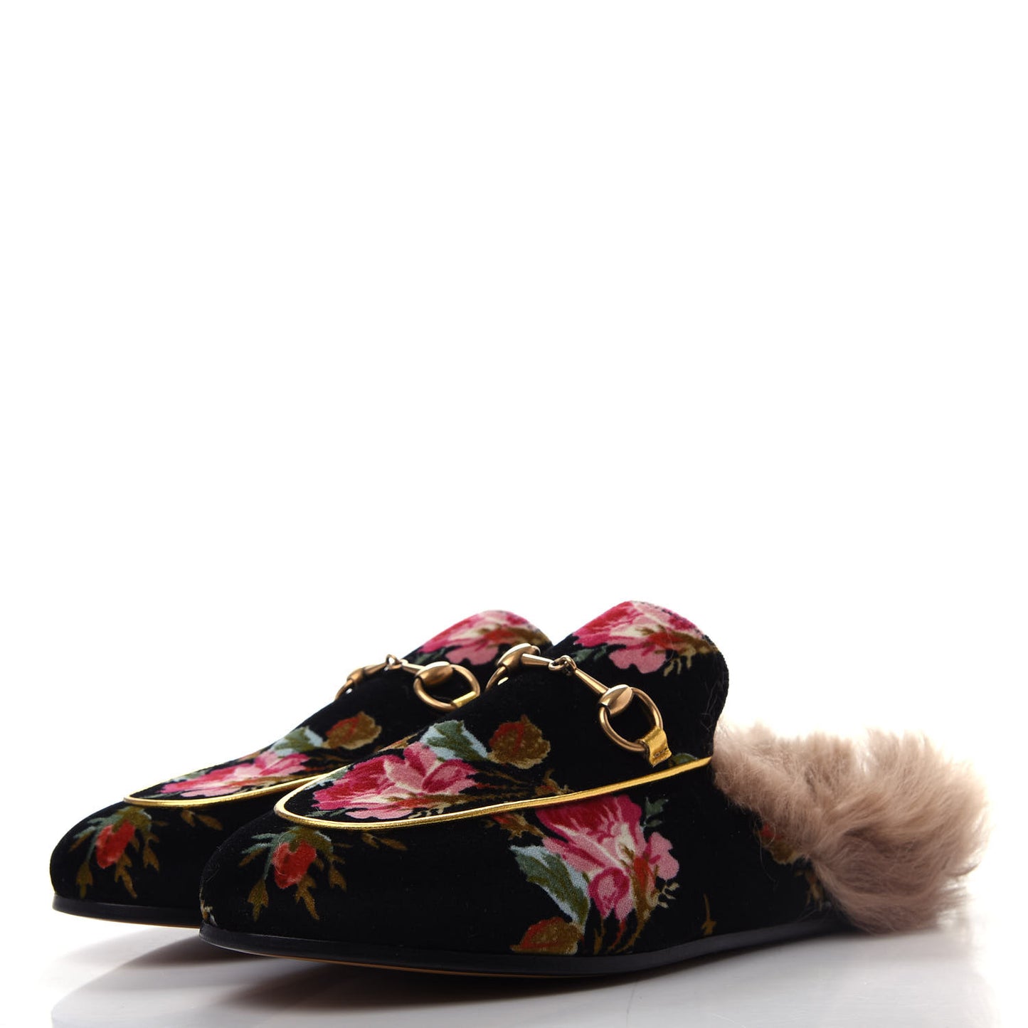 Velvet Fur Floral Womens Princetown Slippers 36.5 Black