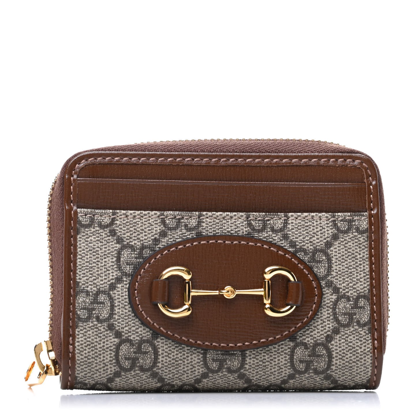 GG Supreme Monogram Azalea Calfskin Horsebit 1955 Zip Around ID Card Case Wallet Beige Ebony Brown Sugar