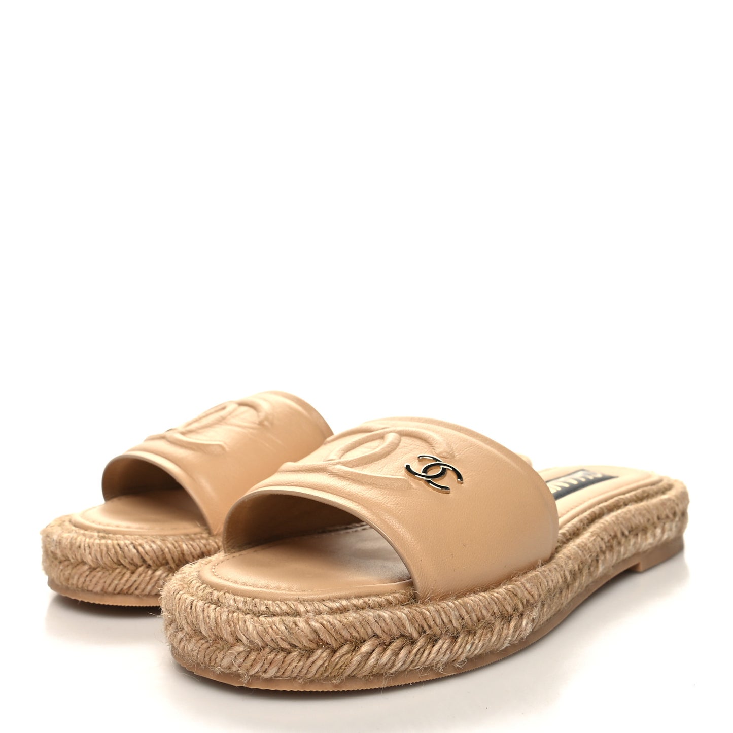 Lambskin CC Embossed Espadrille Mule Sandals 36 Beige
