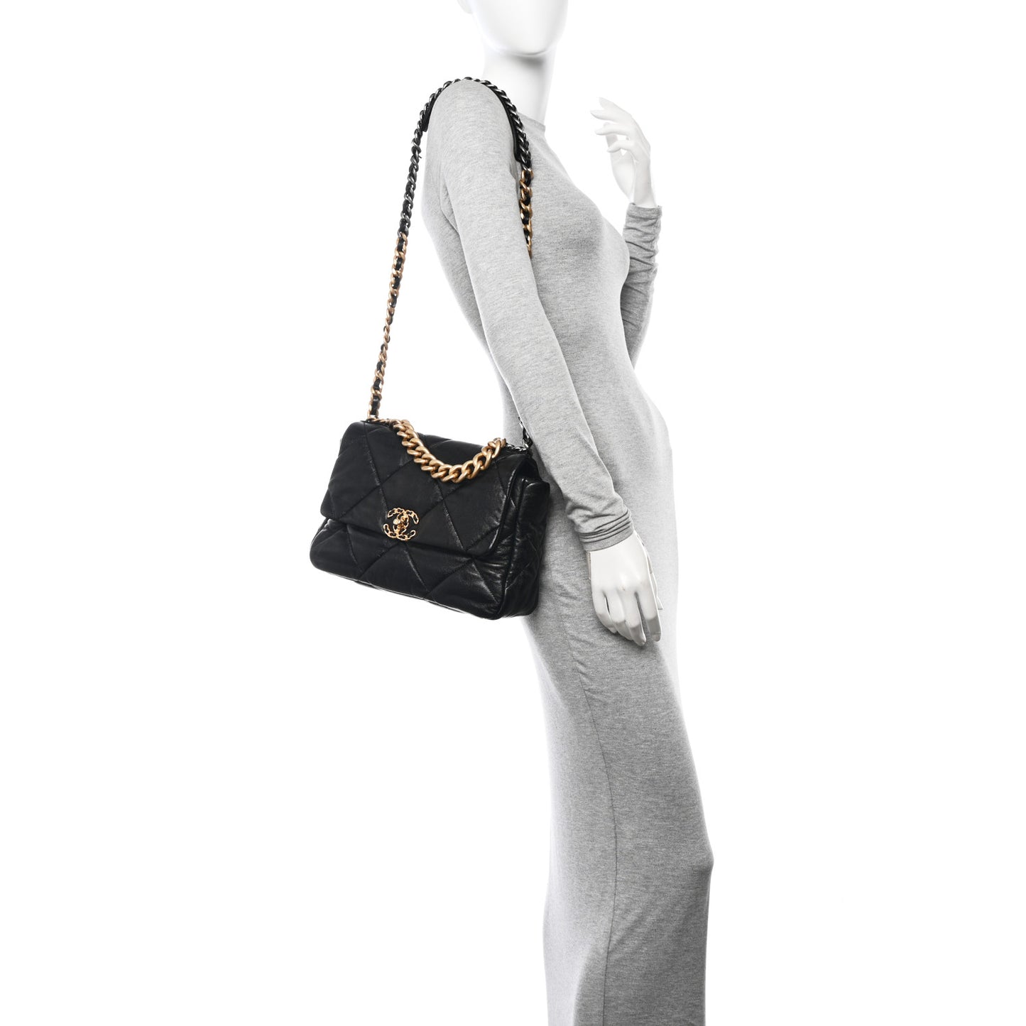 Shiny Goatskin Quilted Large Chanel 19 Flap Black