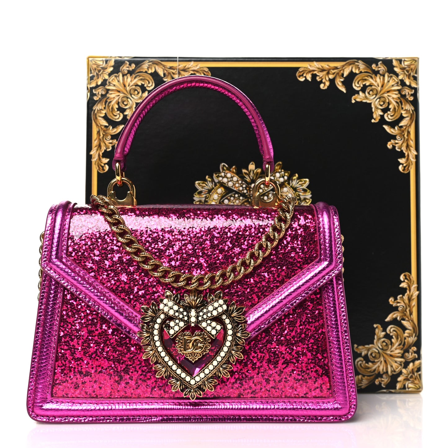 Glitter Metallic Lizard Small Devotion Top Handle Bag Fuchsia