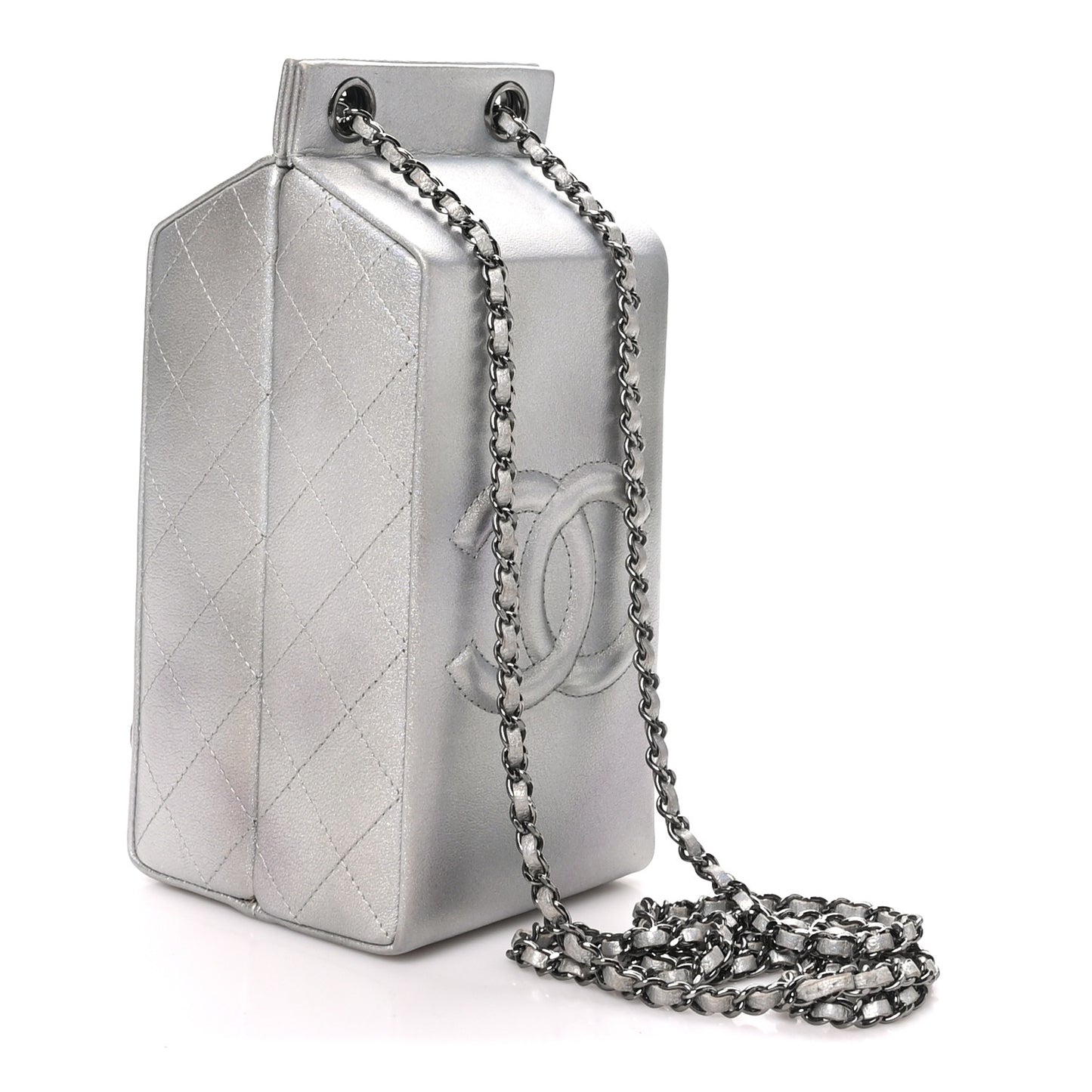 Metallic Goatskin Lait de Coco Milk Carton Bag Silver