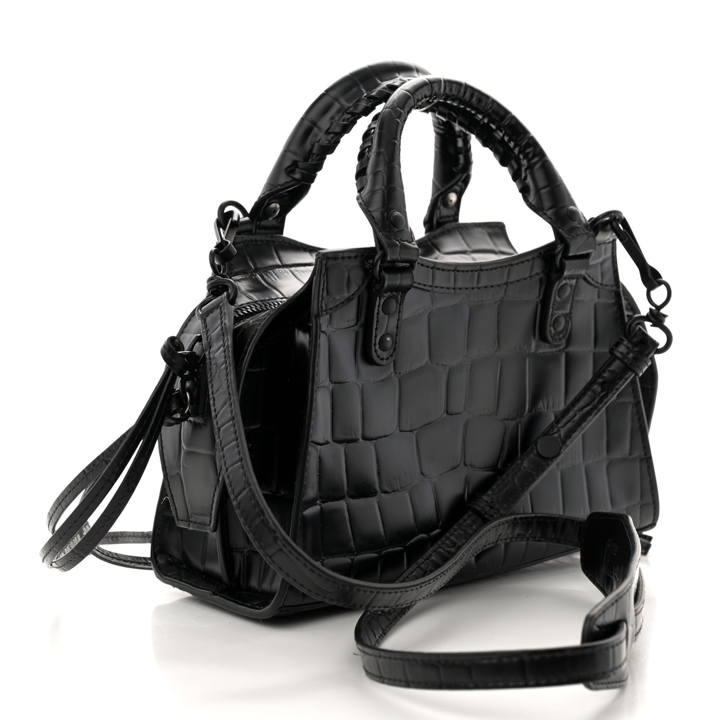 Semi Shiny Calfskin Crocodile Embossed Neo Classic Black Hardware Mini City Black