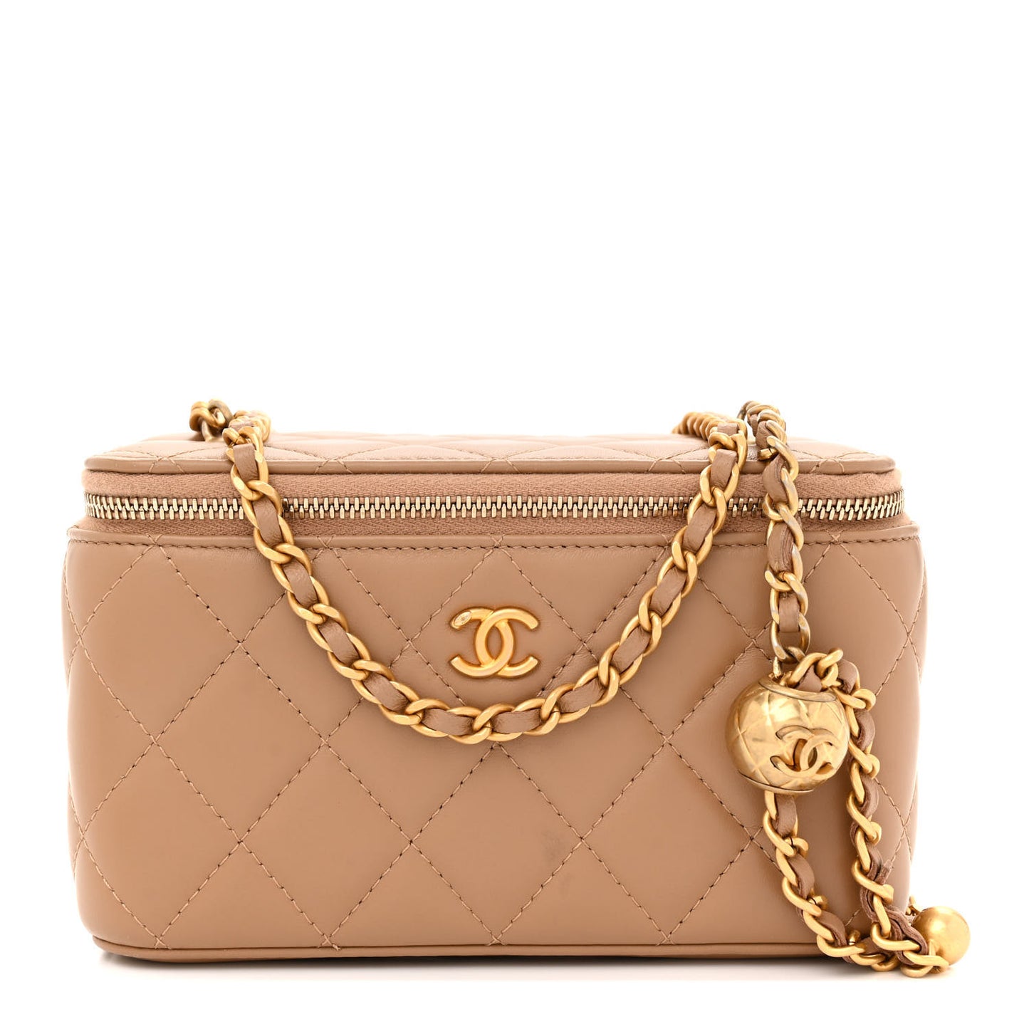 Lambskin Quilted Pearl Crush Small Vanity Case With Chain Beige
