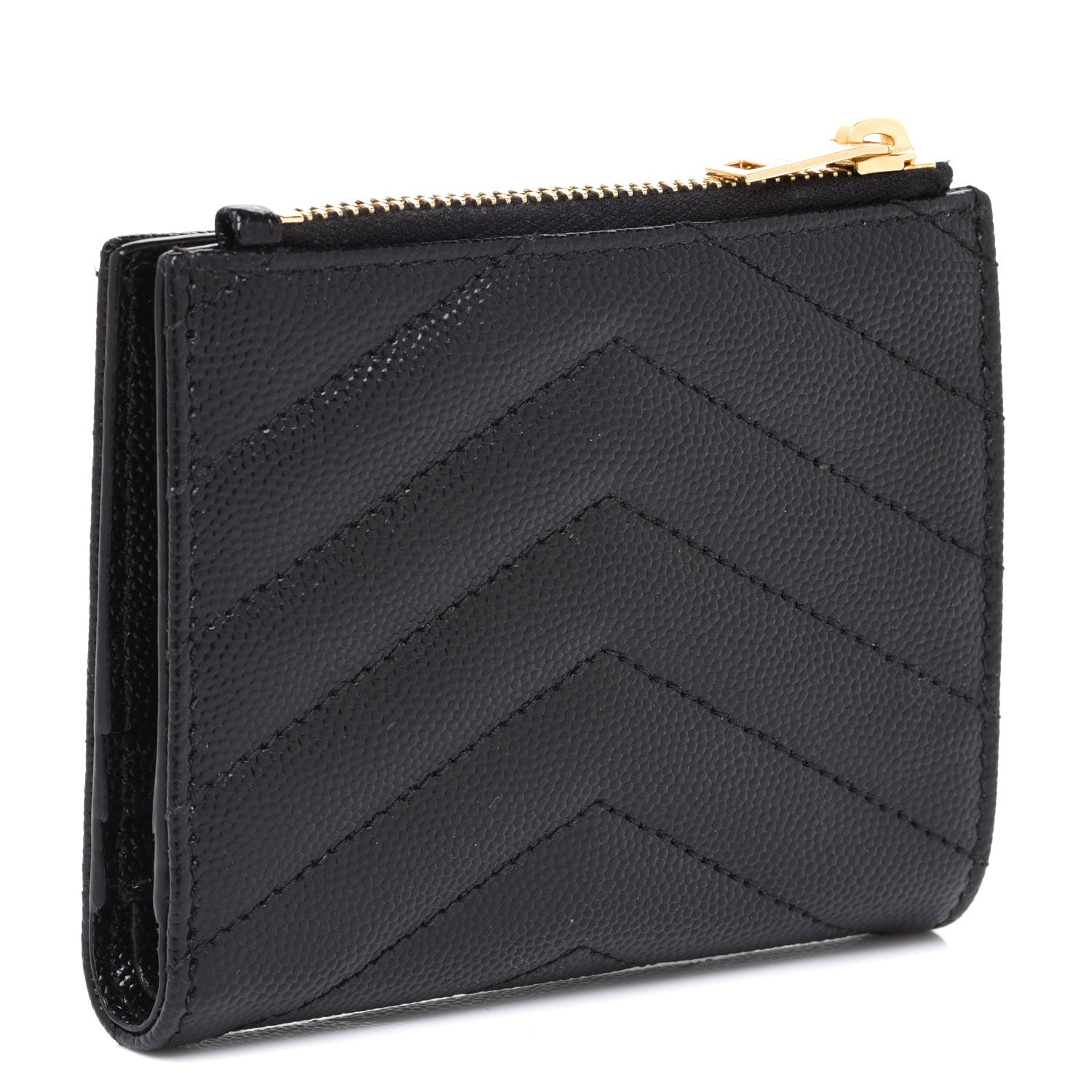 Saint Laurent Grain De Poudre Matelasse Chevron Monogram Zipped Card Case Black 3 of 8