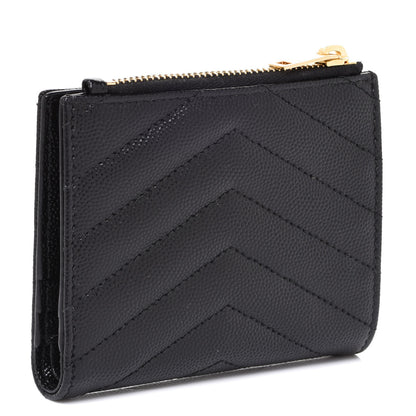 Saint Laurent Grain De Poudre Matelasse Chevron Monogram Zipped Card Case Black 3 of 8