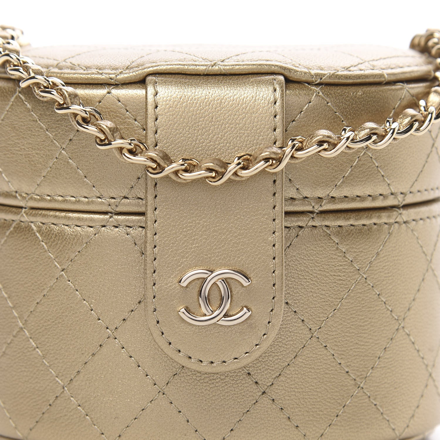 Chanel Metallic Lambskin Quilted Round Mini Vanity Case With Chain Gold 7 of 9