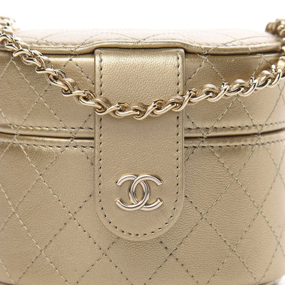 Chanel Metallic Lambskin Quilted Round Mini Vanity Case With Chain Gold 7 of 9