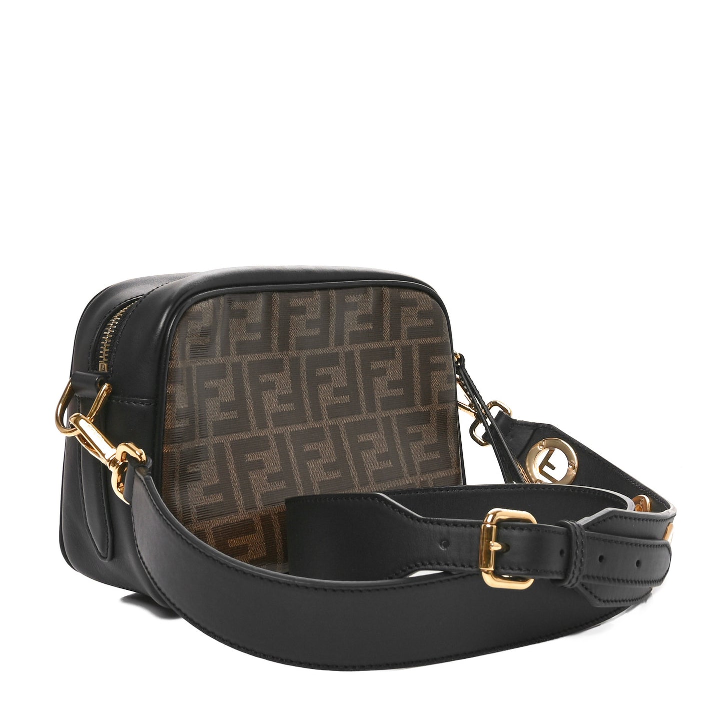 Glazed Fabric Vitello Century F is Fendi FF 1974 Stamp Patch Camera Case Mogano Panna Black