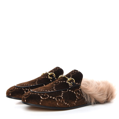 Gucci Velvet GG Monogram Fur Womens Princetown Slippers 38 Brown Black Natural 3 of 8