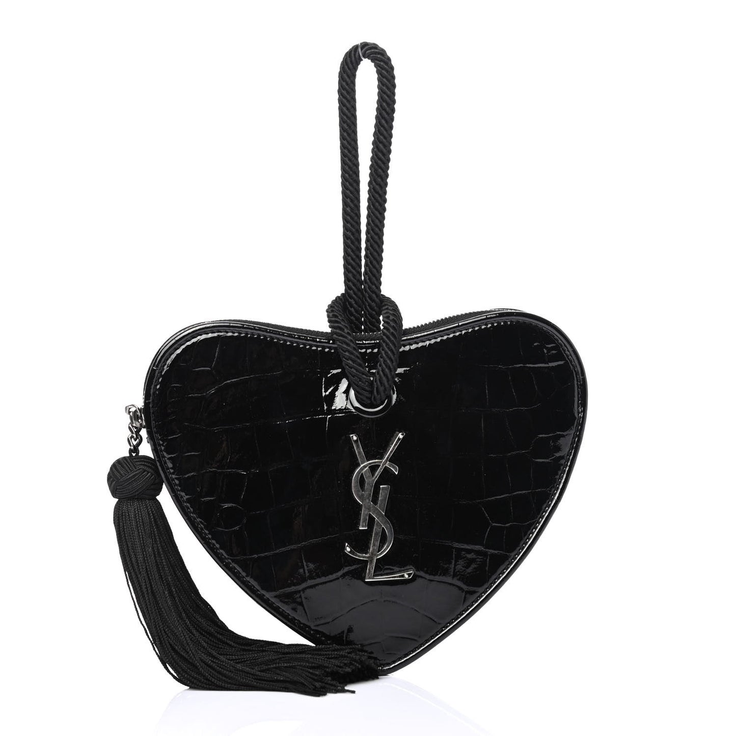 Patent Crocodile Embossed Sac Coeur Heart Shaped Clutch Black
