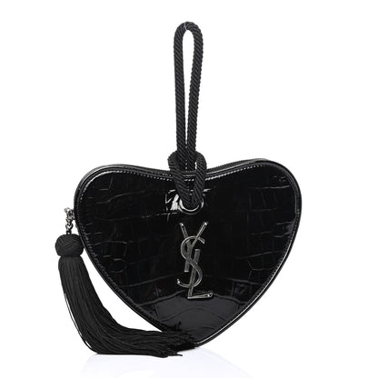 Saint Laurent Patent Crocodile Embossed Sac Coeur Heart Shaped Clutch Black 1 of 4