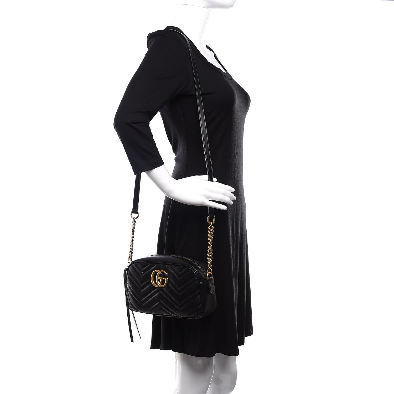 Gucci Calfskin Matelasse Small GG Marmont Chain Shoulder Bag Black 2 of 11