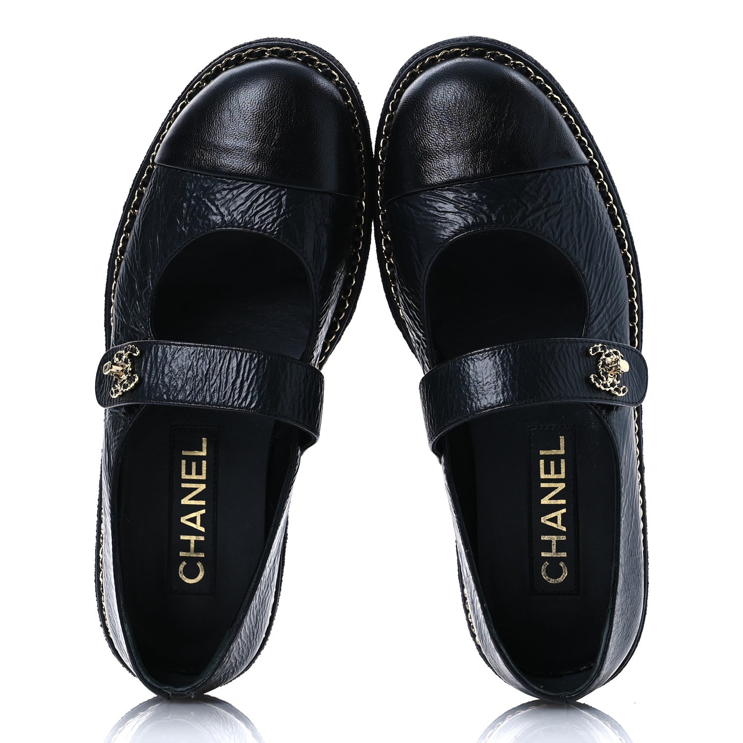 Crumpled Lambskin Cap Toe Chain CC Turnlock Mary Jane Flats 36 Black