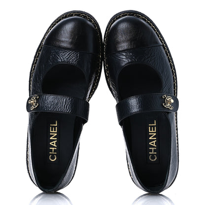 Chanel Crumpled Lambskin Cap Toe Chain CC Turnlock Mary Jane Flats 36 Black 2 of 16