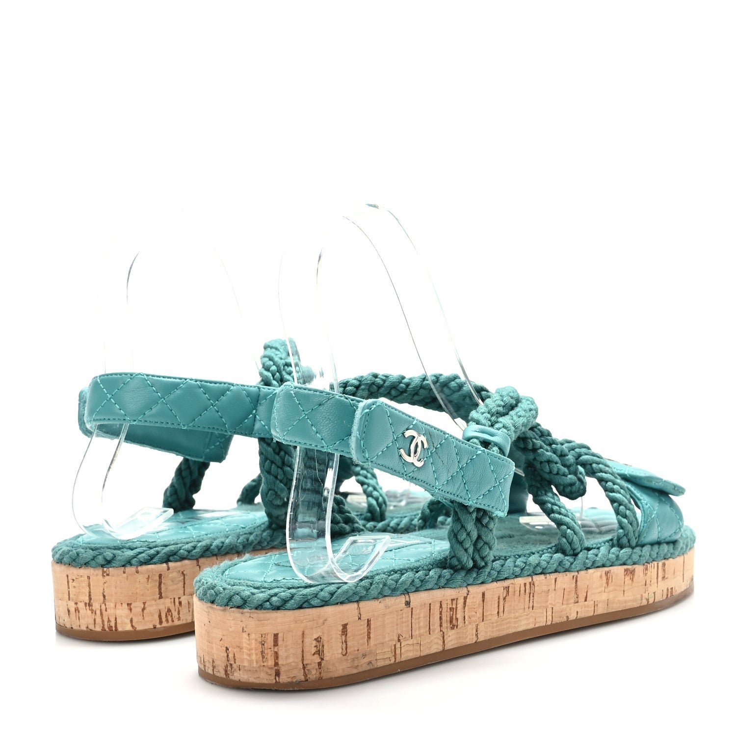 Chanel Cord Lambskin Quilted Logo Sandals 38 Teal Blue 4 of 7