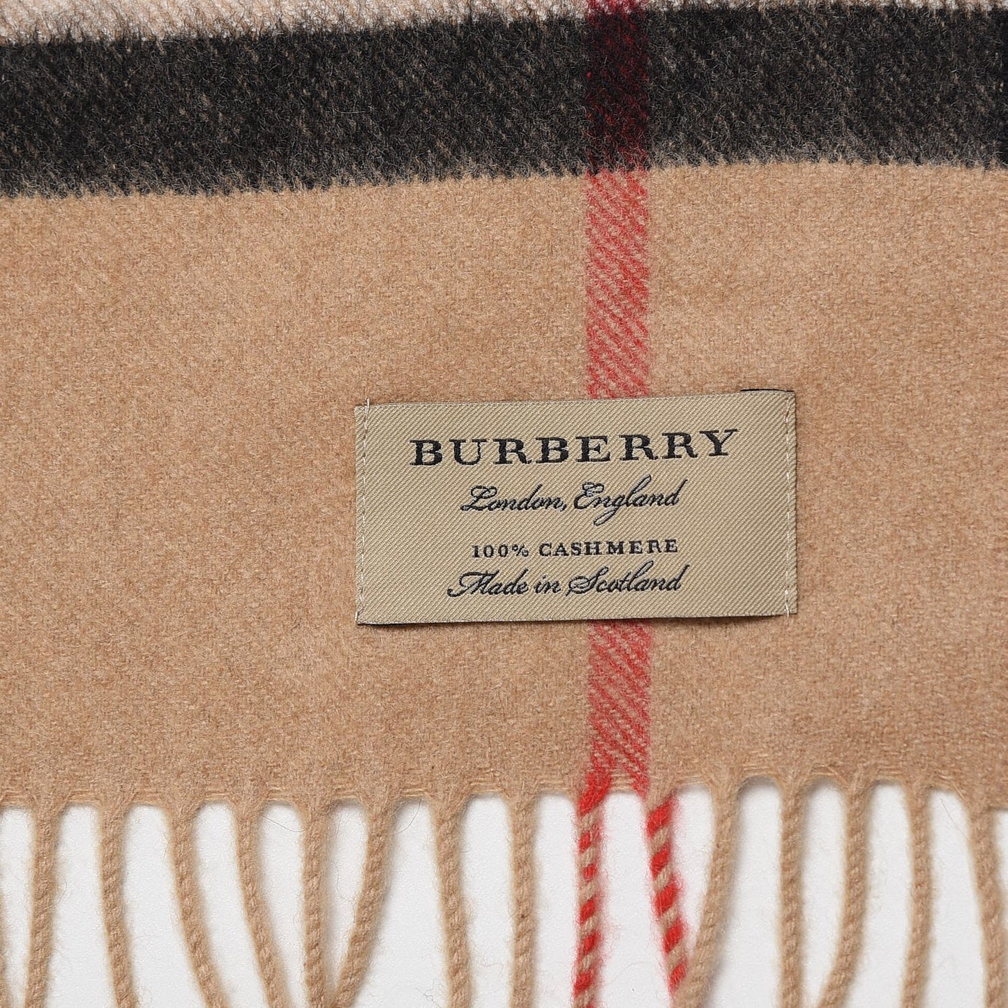 Cashmere Giant Check Fringe Scarf Camel