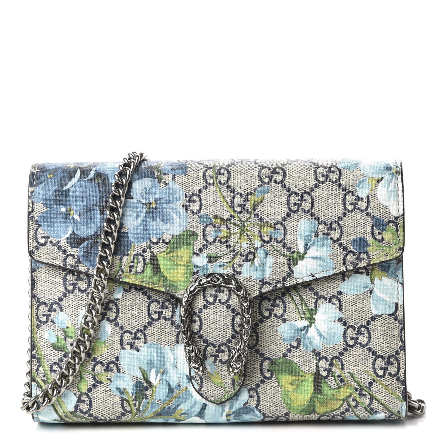 GG Supreme Monogram Blooms Mini Dionysus Chain Wallet Beige Blue Navy Vintage Blue