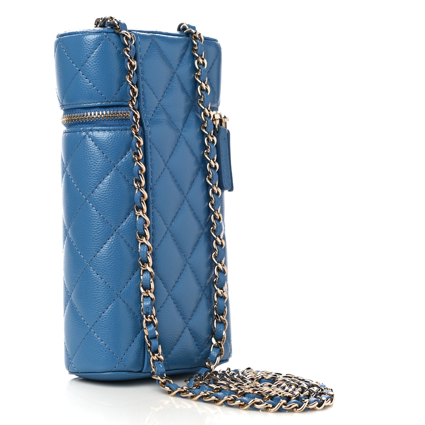 Caviar Quilted Phone Holder With Chain Blue