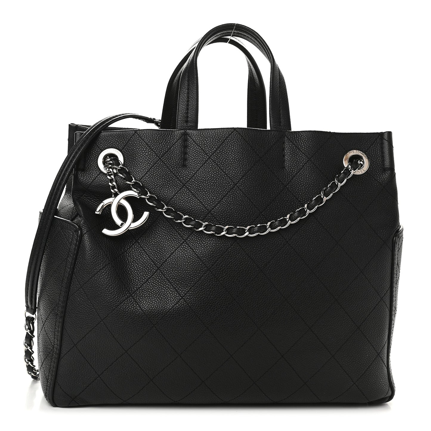 Grained Calfskin Medium CC Pocket Tote Black