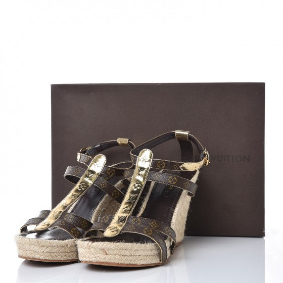 Monogram Metallic Bahamas T-Strap Espadrille Wedge Sandals 39 Brown