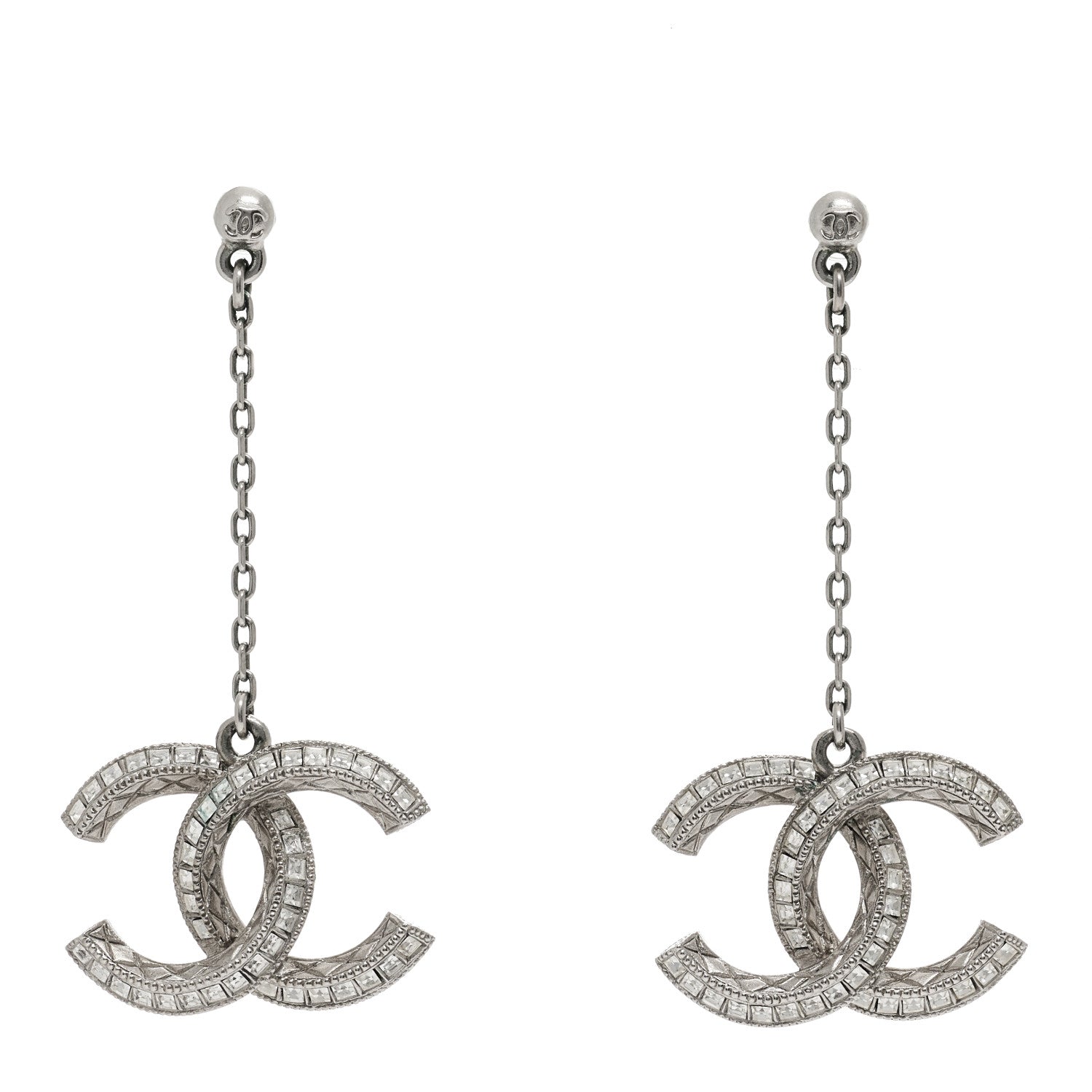 Chanel Baguette Crystal Quilted CC Drop Earrings Silver 1 of 6