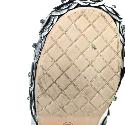 Chanel Metallic Crumpled Lambskin Wooden Camellia Mules 37.5 Silver 8 of 12