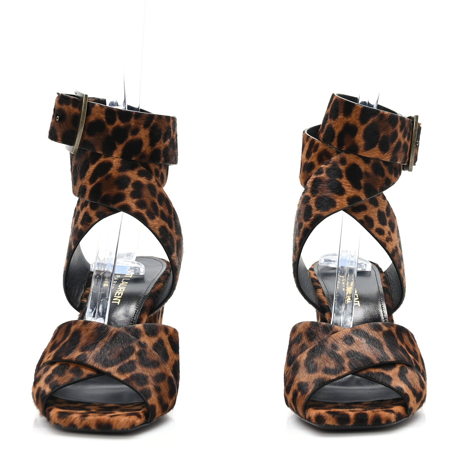 Saint Laurent Ponyhair Leopard Print Oak 75 Ankle Strap Sandals 37.5 Brown 2 of 8