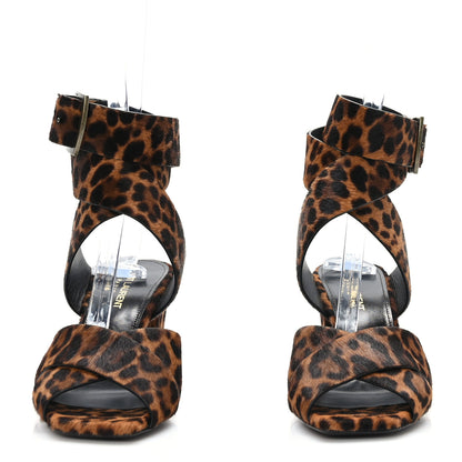 Saint Laurent Ponyhair Leopard Print Oak 75 Ankle Strap Sandals 37.5 Brown 2 of 8