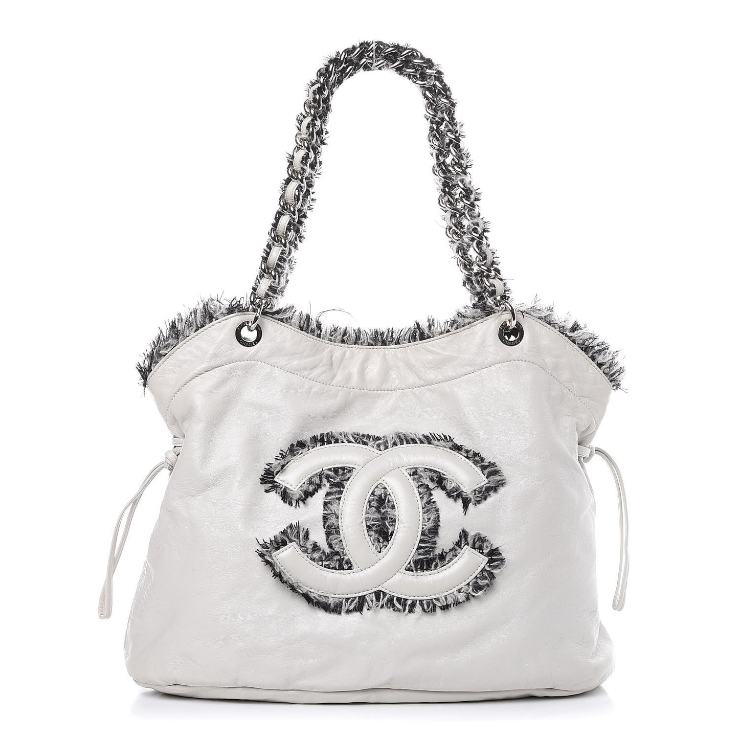 Tweed Lambskin Drawstring Tweedy Tote White