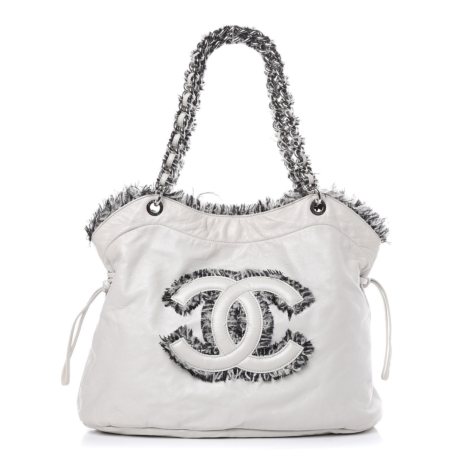 Chanel Tweed Lambskin Drawstring Tweedy Tote White 1 of 16