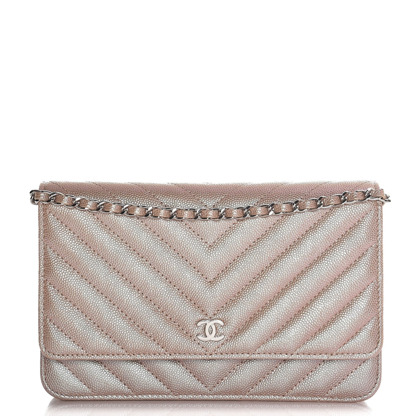 Metallic Caviar Chevron Quilted Wallet On Chain WOC Light Gold