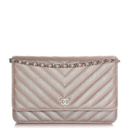 Chanel Metallic Caviar Chevron Quilted Wallet On Chain WOC Light Gold 3 of 10