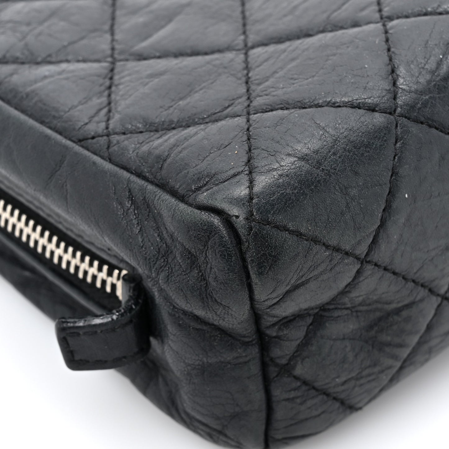 Aged Calfskin Quilted Cambon Cosmetic Case Argent Clair