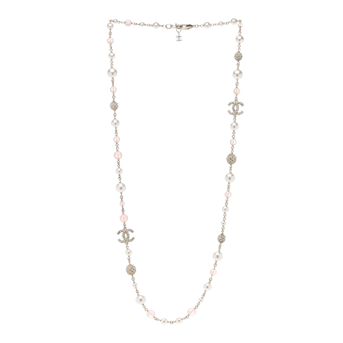 Pearl Beaded Crystal CC Long Necklace Gold Pearly White Pink